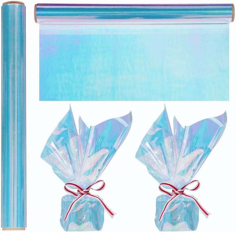 shareluck 1 Roll 50ft Iridescent Light Blue Cellophane Wrap for Gift Baskets - Colored Cello Wrap - Rainbow Light Blue Wrapping Film (50' Long x 17" Wide) Colored Film Roll for, Fairy Wings, DIY Craft Babyshower. - Image 1